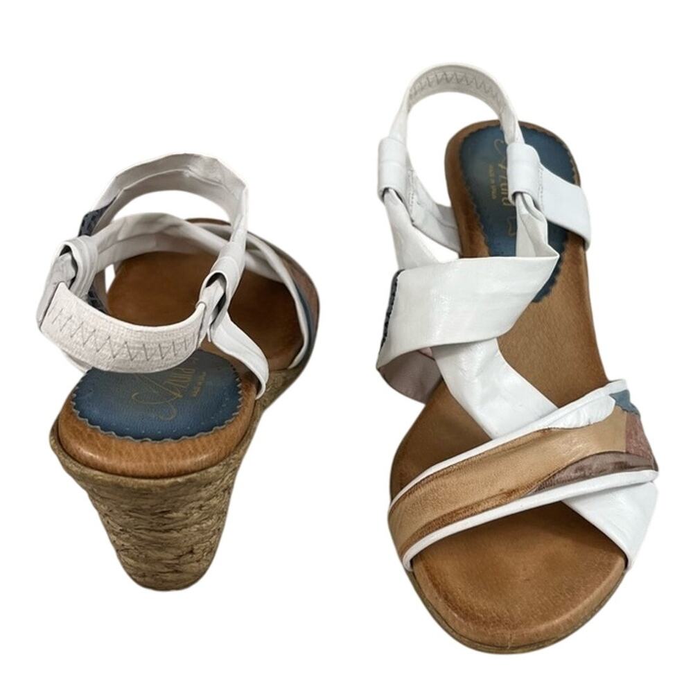 AZURA White Tan Patchwork Strap Wedge Criss-Cross Strap Leather Sandals‎ Sz 8/39